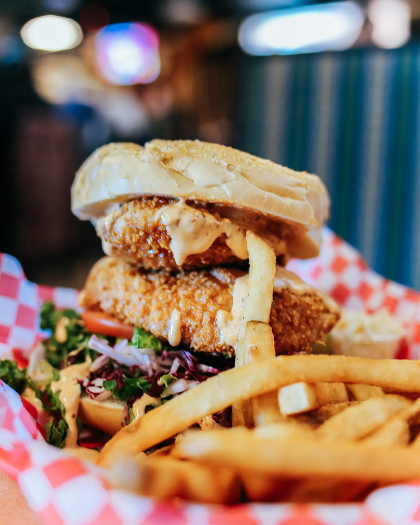 burger and fries in a basket